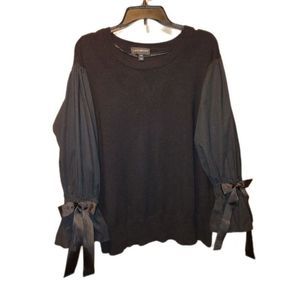 Lane Bryant black round neck lightweight sweater top with bell wrist and ribbon